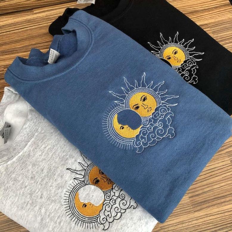 Sun and Moon Embroidered Sweatshirt Crewneck Sweatshirt Best Gift For Family
