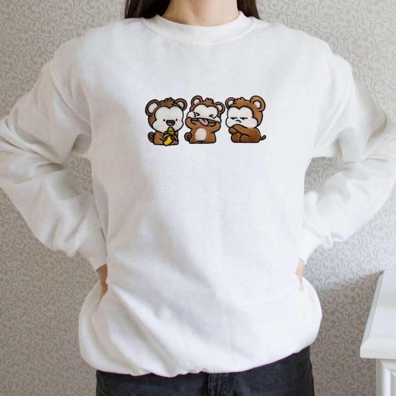 Three Monkey Embroidered Sweatshirt Crewneck Sweatshirt For Family