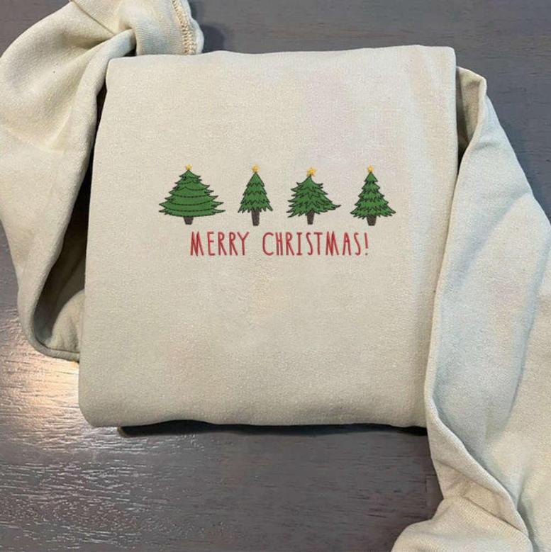 Tree Christmas Embroidery Sweatshirt, Embroidery Crewneck Sweatshirt For Family