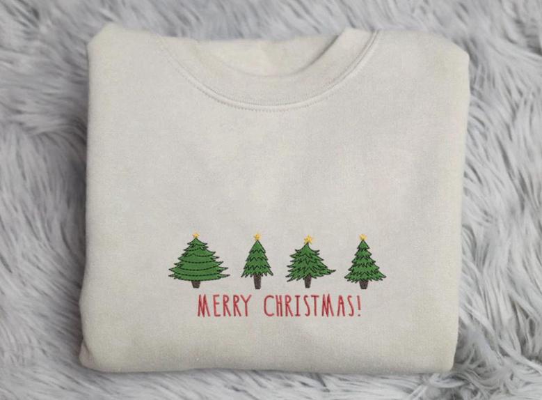 Tree Christmas Embroidery Sweatshirt, Embroidery Crewneck Sweatshirt For Family