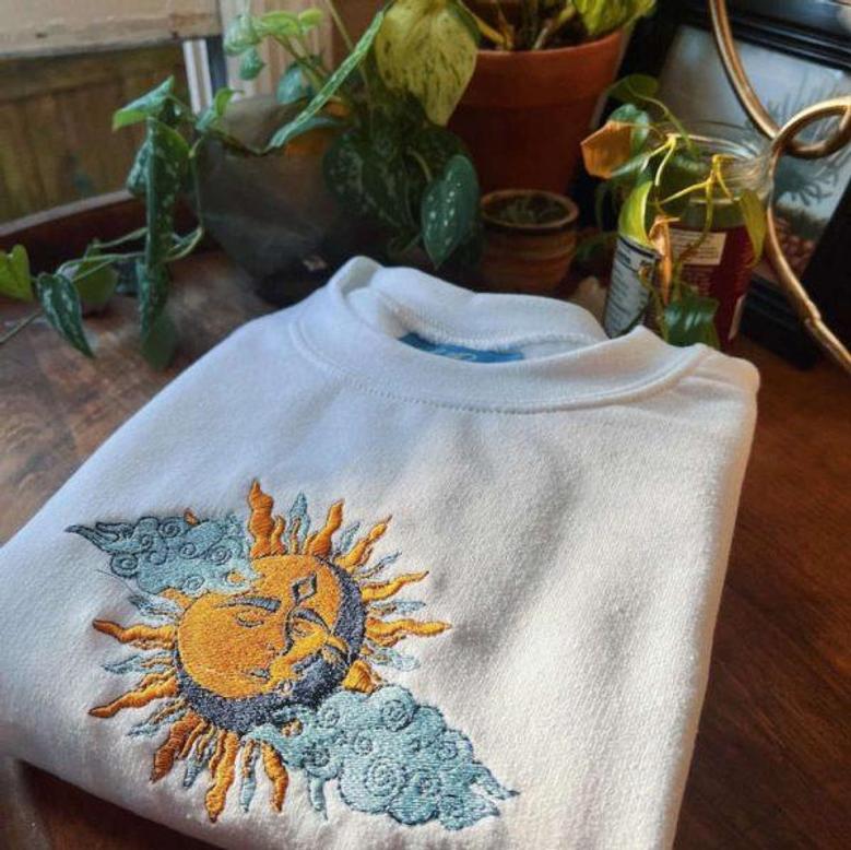 White Sun & Moon Embroidered Sweatshirt Crewneck Sweatshirt Best Gift For Family