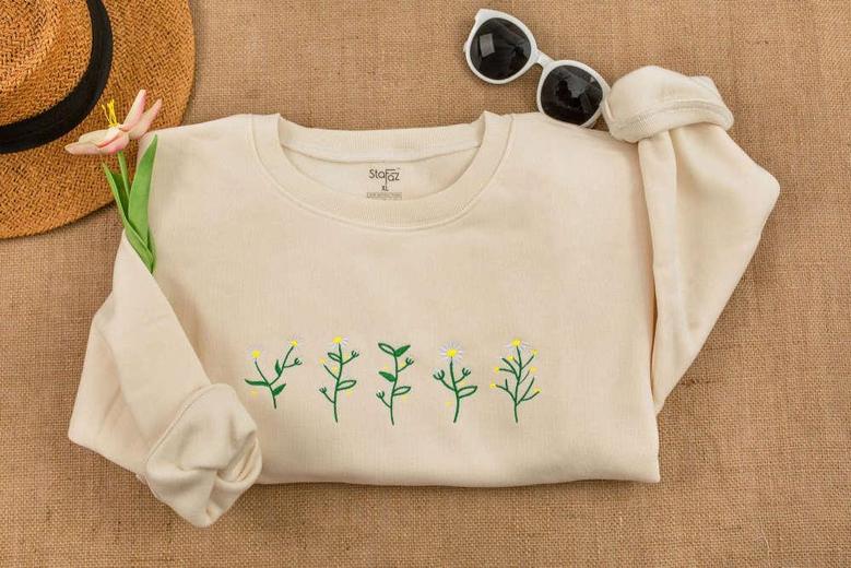 Wildflowers Crewneck Sweatshirt Embroidered, Floral Embroidered Sweatshirt For Mama