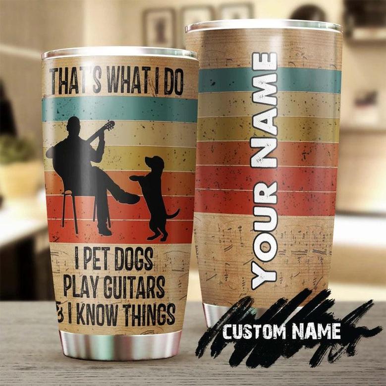 Gift For Dog Lover , Guitar Stainless Steel Tumbler Cup 20oz, A Man With Guitar And His Dog Personalized Tumbler Gift For Dog Dad Father'd Day Gift Guitar Player