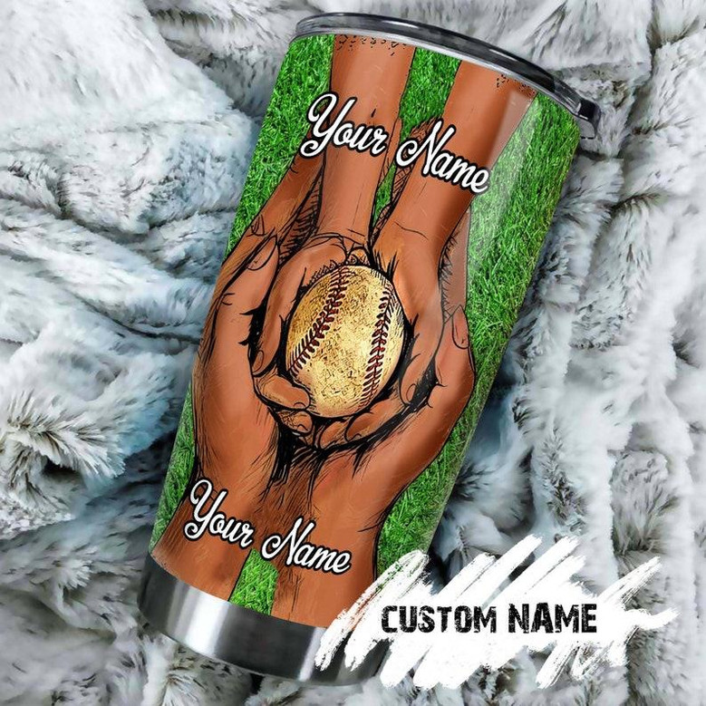 Baseball Dad Hands Thanks For Teaching Me To Catch Personalized Tumblerbirthday Christmas Gift Father'S Day Gift For Baseball Dad From Son