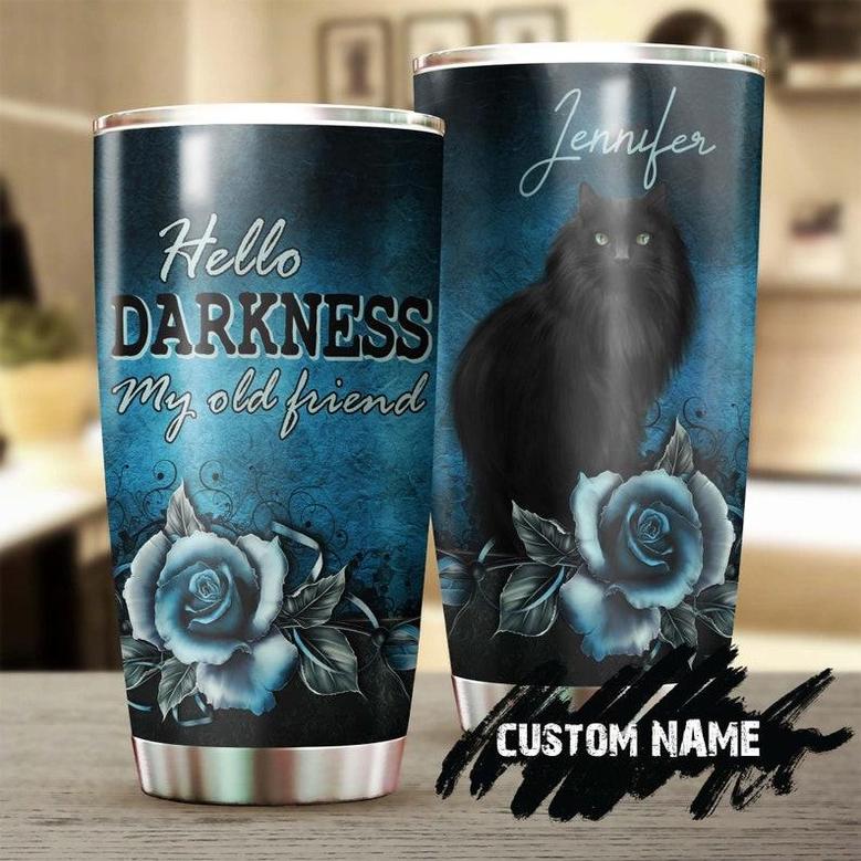 Black Cat Hello Darkness My Old Friend Blue Roses Cat Personalized Tumblerfancy Cat Tumbler Gift For Cat Mom Cat Dad Gift For Cat Lover