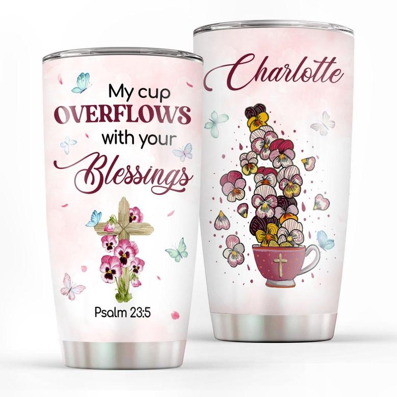 Cute Personalized Flower And Cross Stainless Steel Tumbler My Cup Overflows With Your Blessings