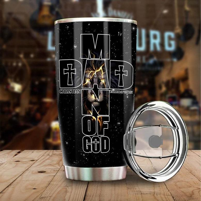 Gift For Dad, Stainless Steel Tumbler 20oz Dad Man Of God Warrior Of Christ Personalized Tumbler birthday Christmas Father's Day Gift For Christian Dad Lion Lover From Son Daughter
