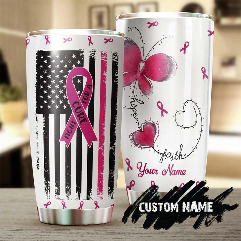 Gift For Her, Fight For A Cure American Flag Personalized Stainless Steel 20oz Tumbler breast Cancer Tumbler pink Ribbon Tumbler cancer Treatment Care Gift