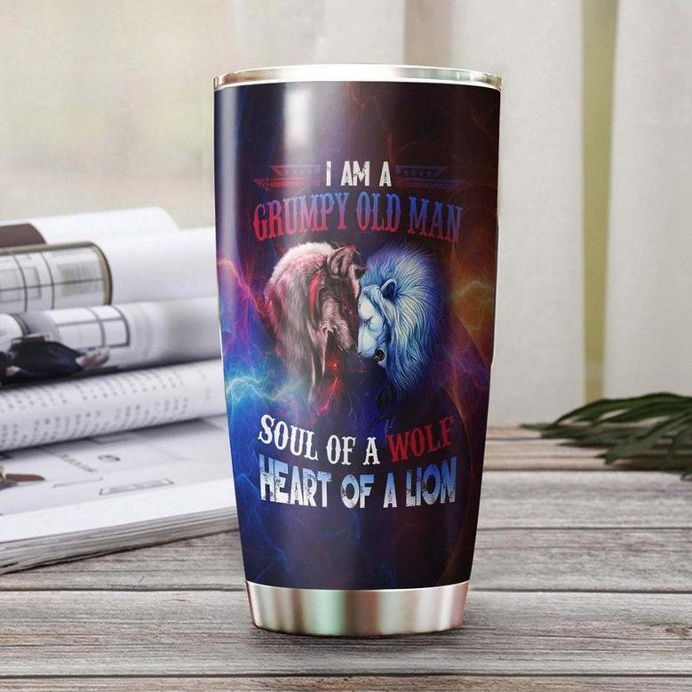 Grumpy Old Man Soul Of Wolf Heart Of Lion Personalized Tumbler Wolf Lover Tumbler Birthday Gift Gift For Him For Dad Unique Present