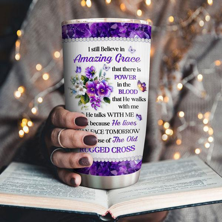 I Still Believe In Amazing Grace Fancy Personalized Foral Cross Stainless Steel Tumbler
