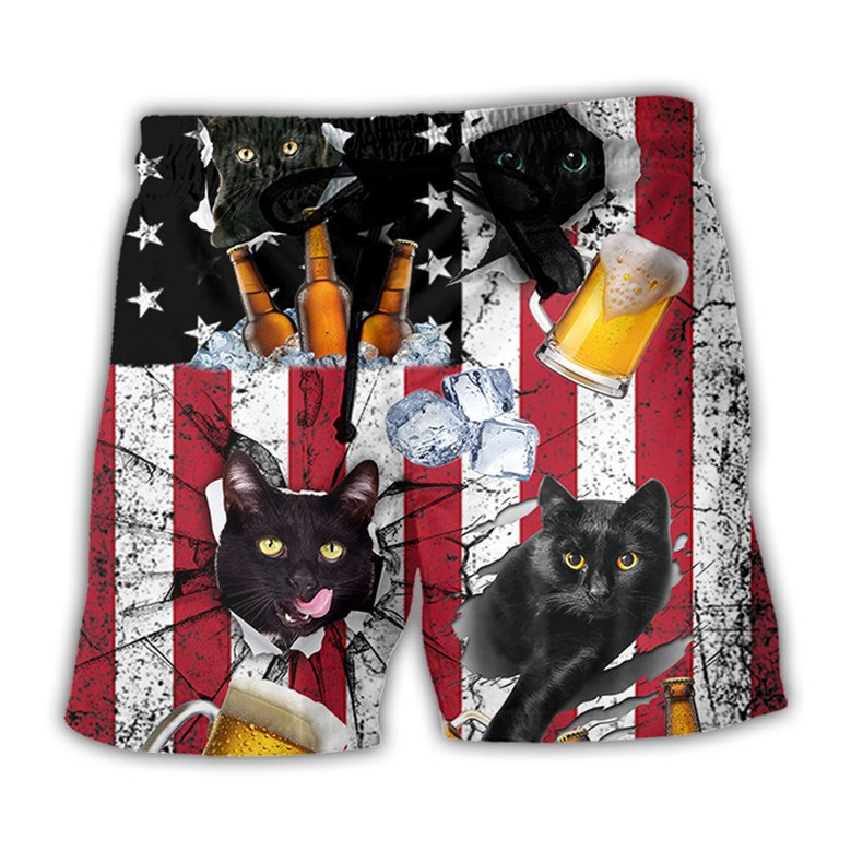 Beer And Black Cat American Flag Vintage Beach Short