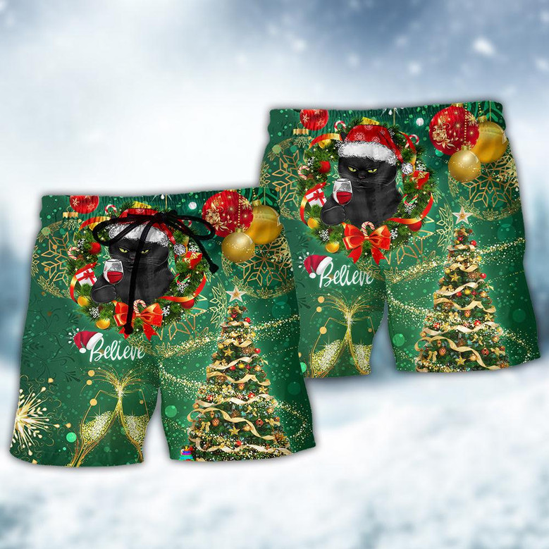 Black Cat Drinking Happy Christmas Tree Green Light Beach Short