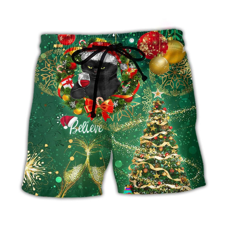 Black Cat Drinking Happy Christmas Tree Green Light Beach Short