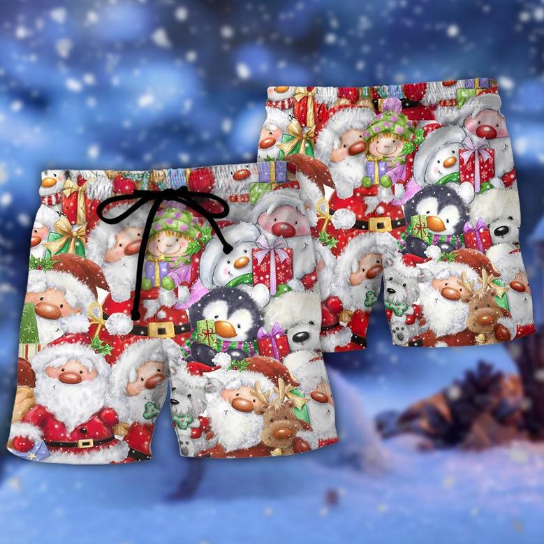 Christmas Santa And Friends Happy Together Beach Short