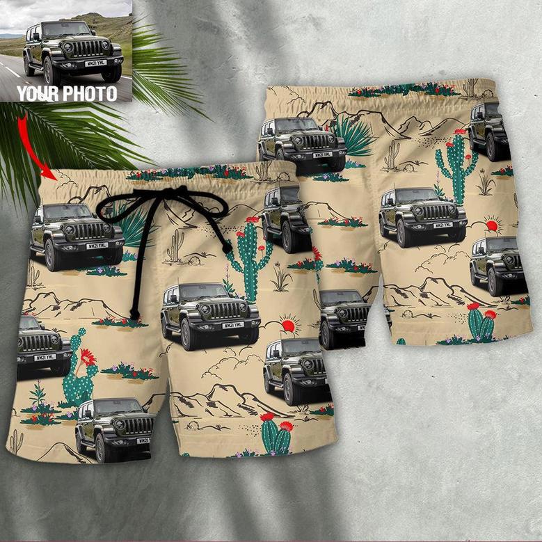 Custom Photo Jeep Cactus In Desert Personalized Beach Short