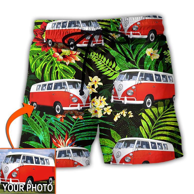 Personalized Hippie Van Volkswagen Camper Van Tropical Flower Custom Photo Beach Short