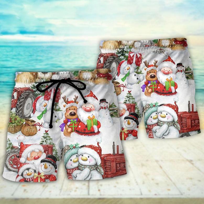 Santa And Snowman Christmas Happy Together Beach Short