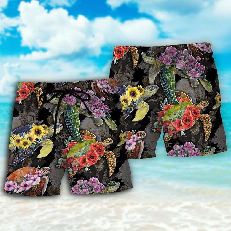 Turtle And Flowers Tropical Art Beach Short