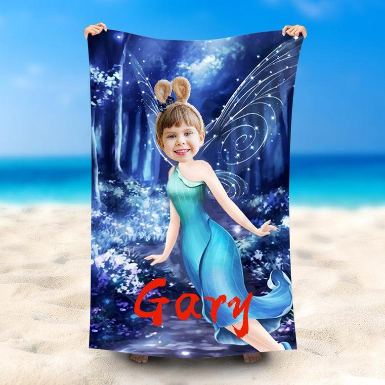 Personalized Blue Flower Fairy Elf Girl Beach Towel