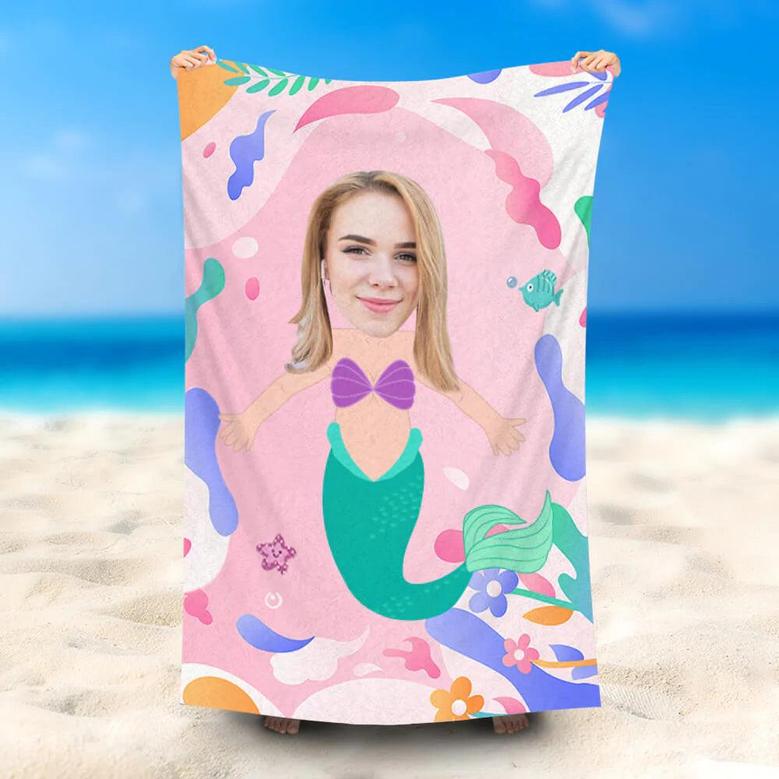 Personalized Cute Mermaid Pink Beach Towel With Face