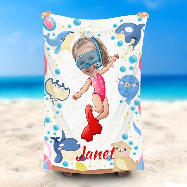 Personalized Diving Girl Ocean Animals Beach Towel