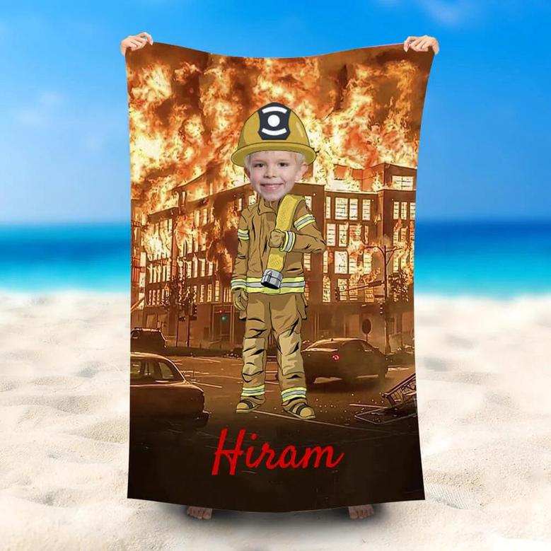Personalized Fireman And Burning Building Beach Towel