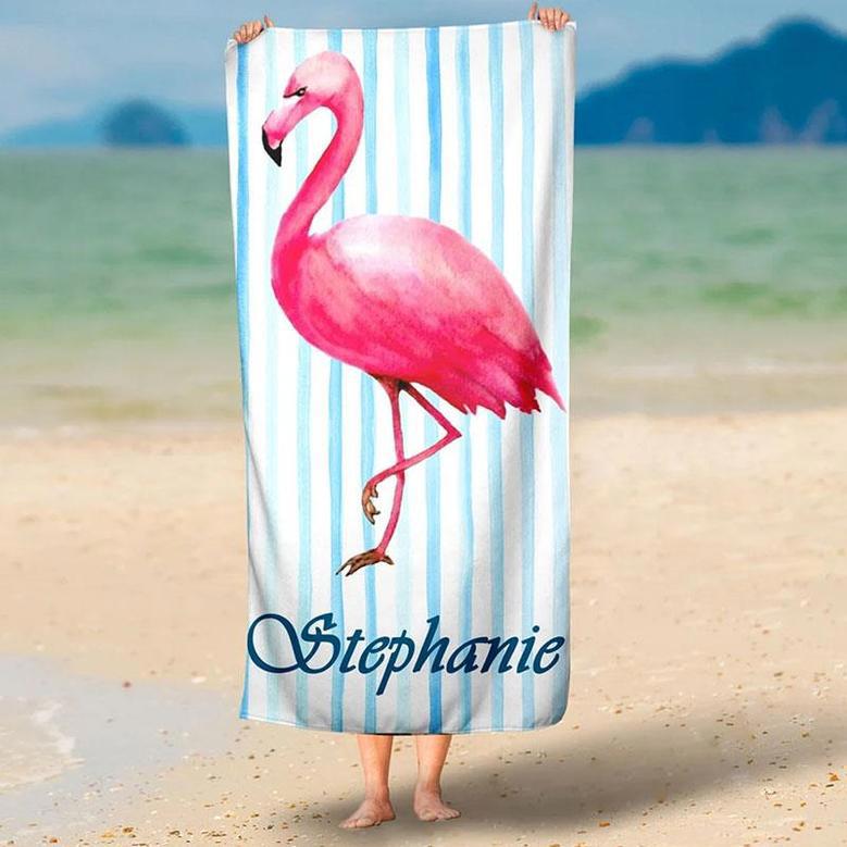 Personalized Flamingo Stripes Name Fun Beach Towel