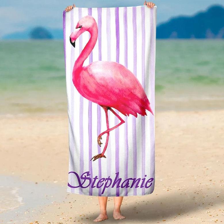 Personalized Flamingo Stripes Name Fun Beach Towel