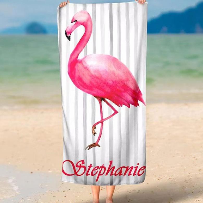 Personalized Flamingo Stripes Name Fun Beach Towel