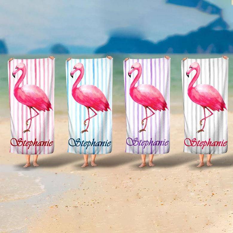 Personalized Flamingo Stripes Name Fun Beach Towel