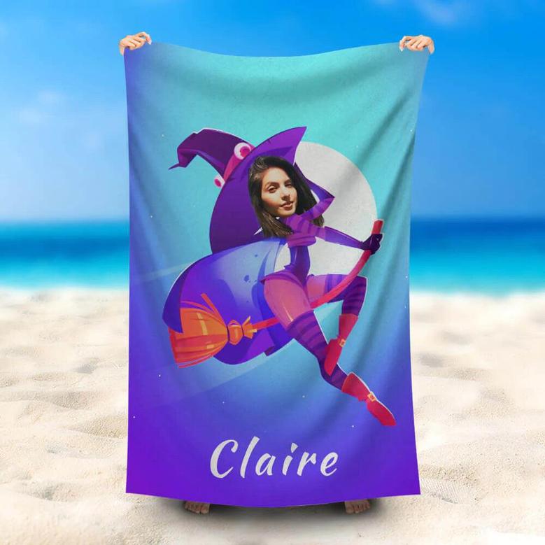 Personalized Flying Witch Girl Beach Towel With Name
