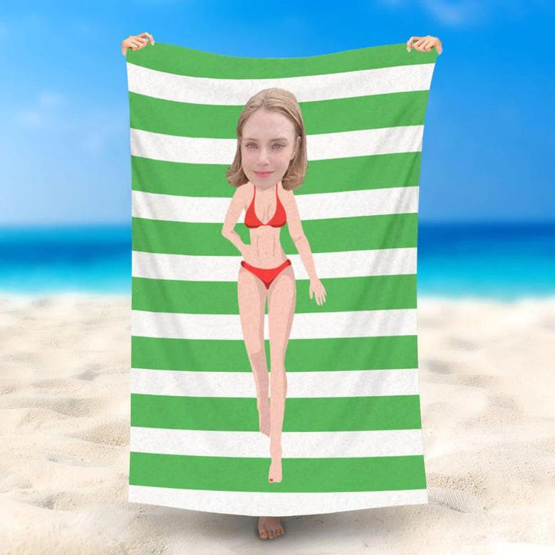 Personalized Green Stripe Bikini Lady Beach Towel