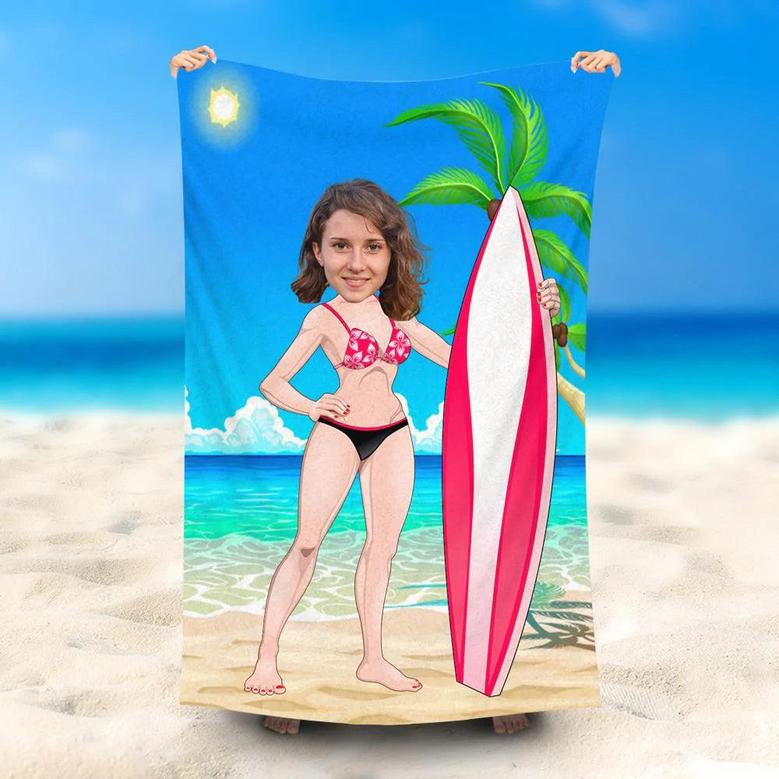 Personalized Hawaii Bikini Surf Girl Face Beach Towel