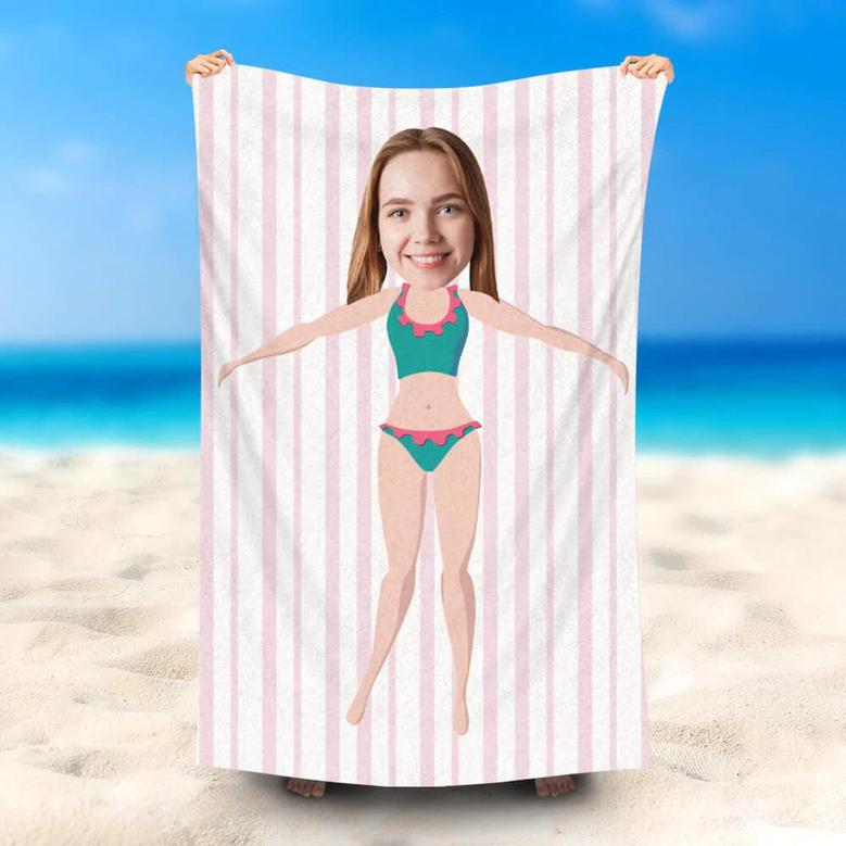 Personalized Pink Stripe Sunny Lady Beach Towel With Face