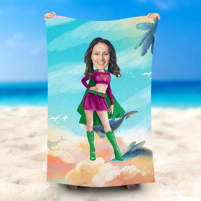 Personalized Supermom Green Cloak Beach Towel With Photo