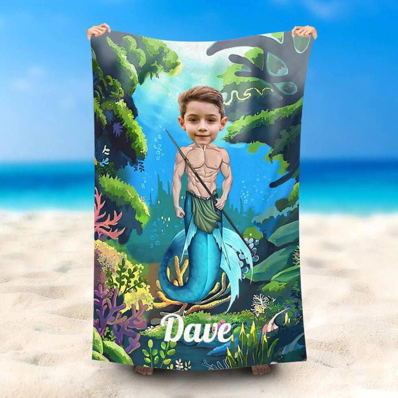 Personalized Undersea Strong Male Mermaid Beach Towel