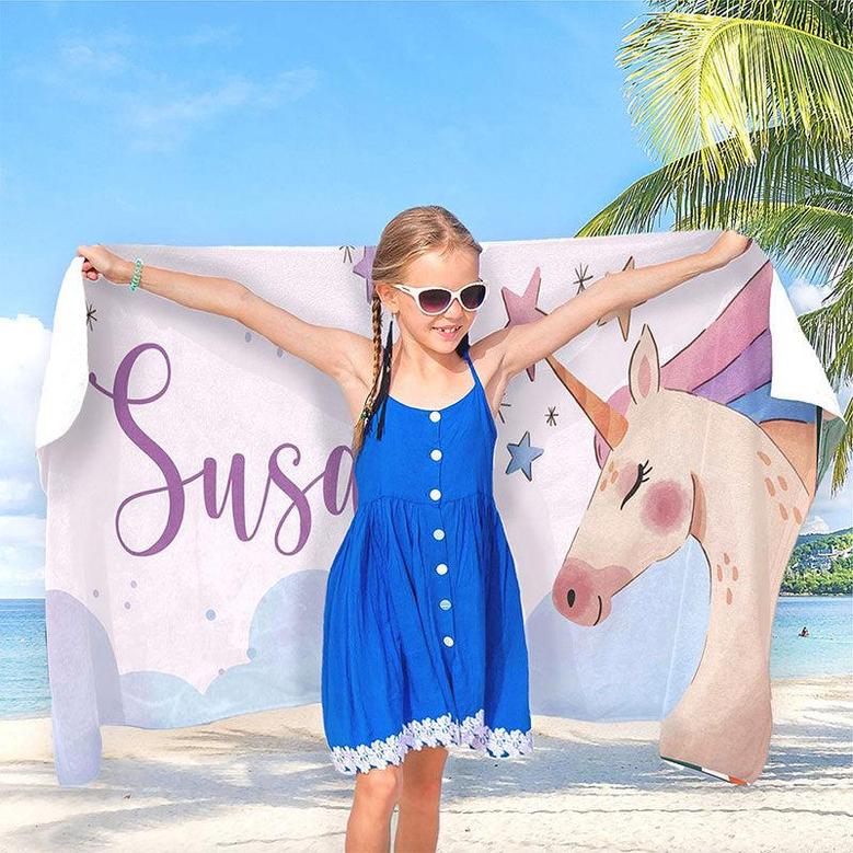 Personalized Unicorn And Name Kids Beach Towel
