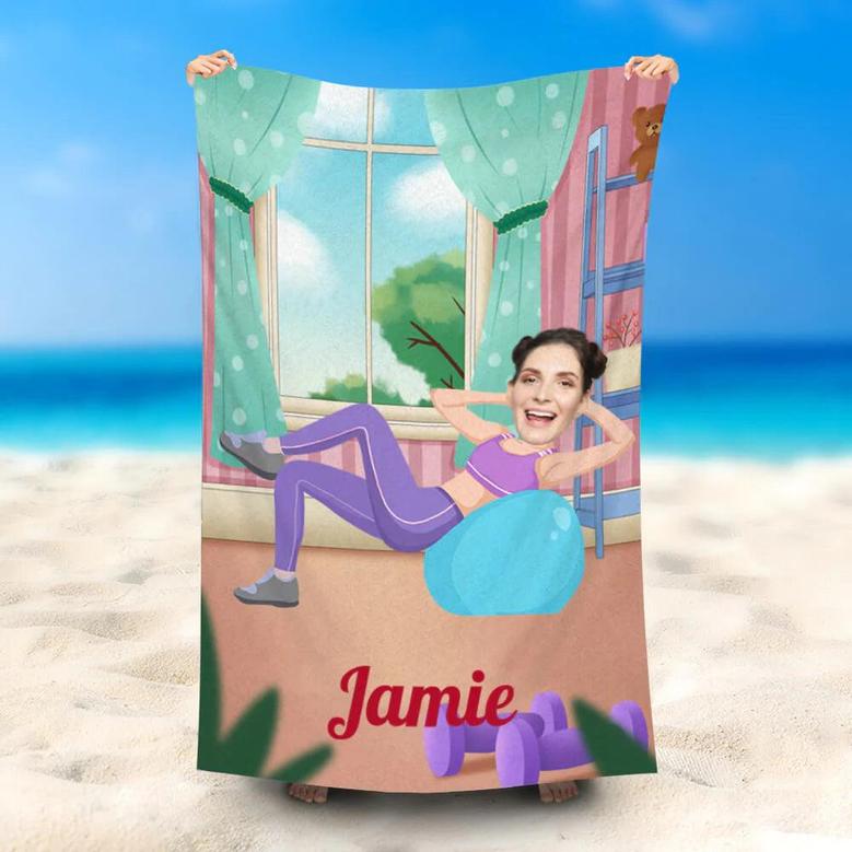 Personalized Yoga Ball Woman Window Beach Towel With Name