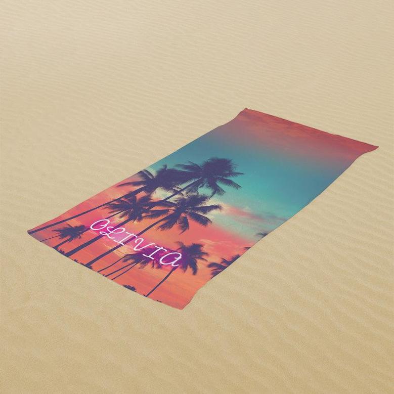 Summer Vibes Neon Custom Name Beach Towel for Holiday