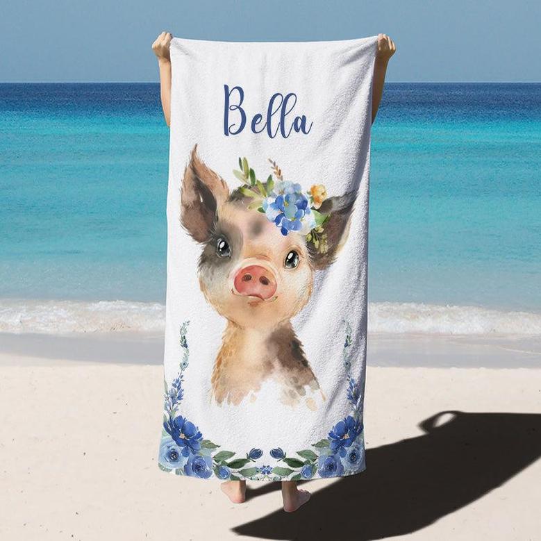 Watercolor Floral Pig Animal Baby Name Beach Towel