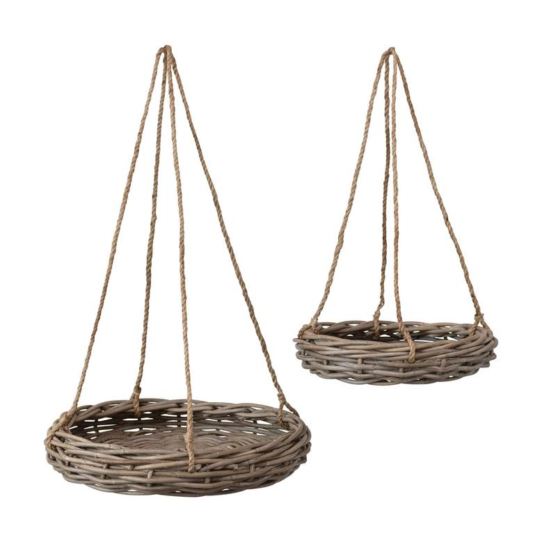 Rattan Hanging Basket Set of 2 Hand-Woven Rattan Rope Hangers Gray
