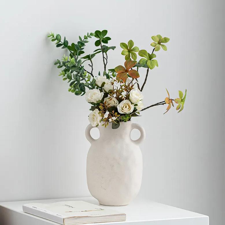 White Ceramic Urn Vase Double Handle Pottery Rustic Home Decor