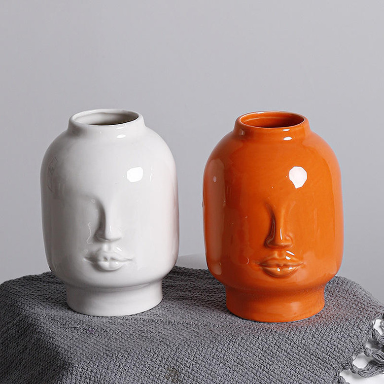 Handmade White Orange Porcelain Flower Pot Abstract Human Face Ceramic Vases For Home Decor