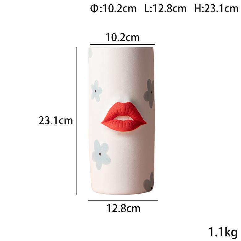 Aesthetic Red Lips Printing Ceramic Vase Cute Flower Vase Office Bedroom