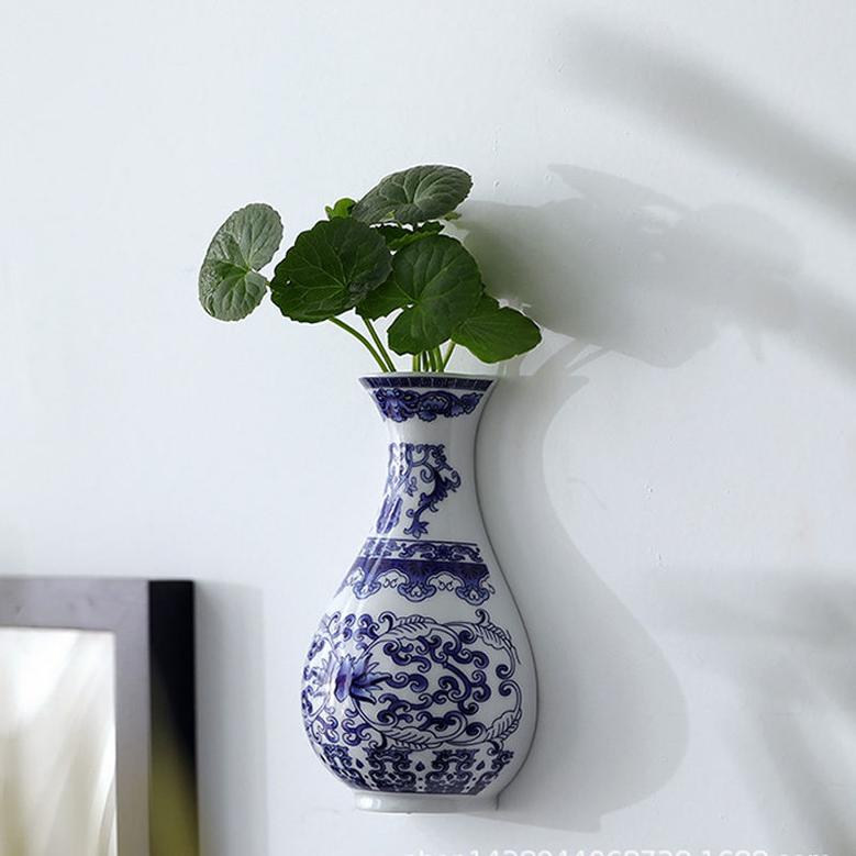 Antique Blue And White Porcelain Flower Arrangement Ceramic Wall Hanging Vase Hotel Home Office Decoration