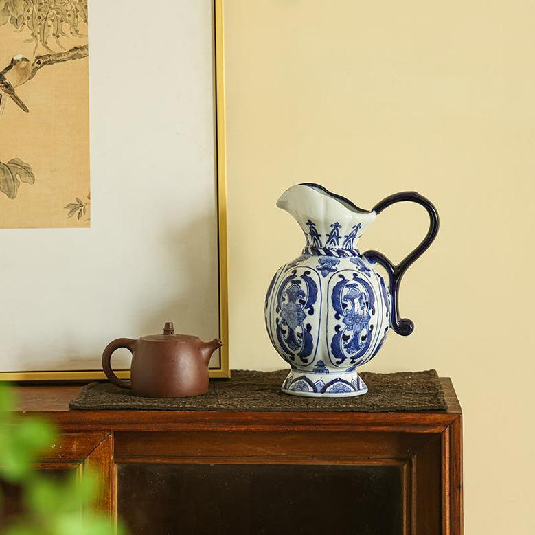 Big Handle Antique Blue And White Home Decoration Ceramic Pot Porcelain Ornament Vases