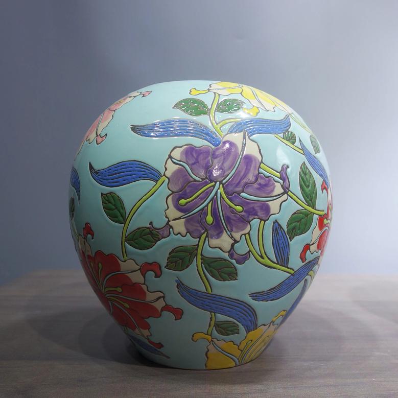Black Blue Glazed Peony Painted Flower Vase For Flower Cabins And Garden Room