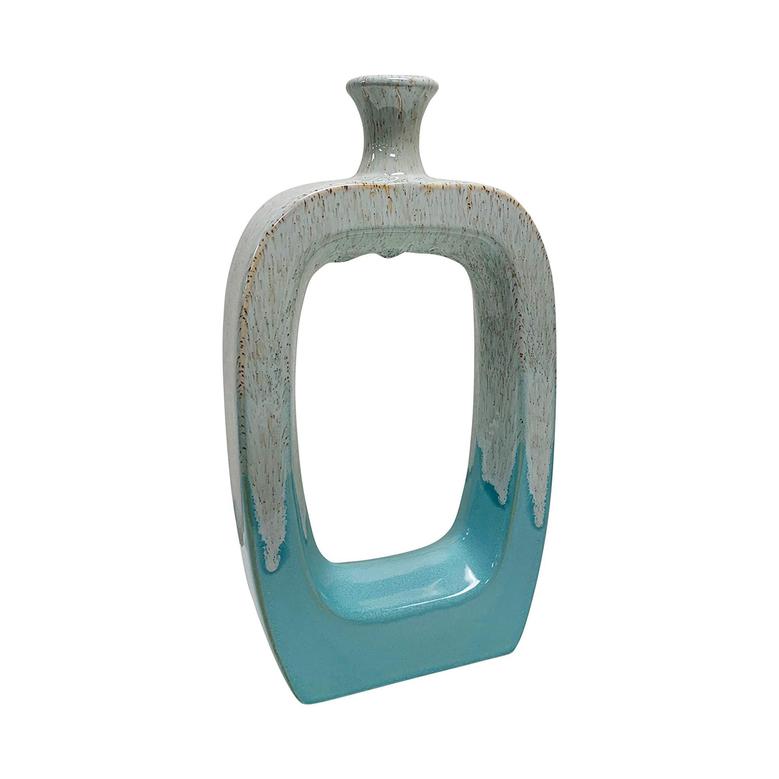 Ceramic Flower Vase With Cutout White And Aqua Blue For Home Decoration