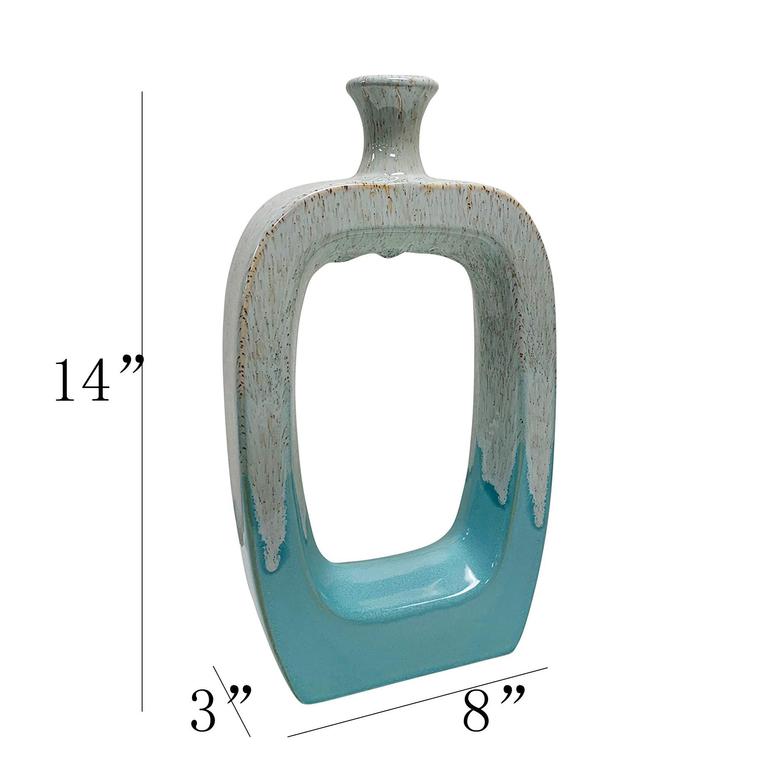 Ceramic Flower Vase With Cutout White And Aqua Blue For Home Decoration