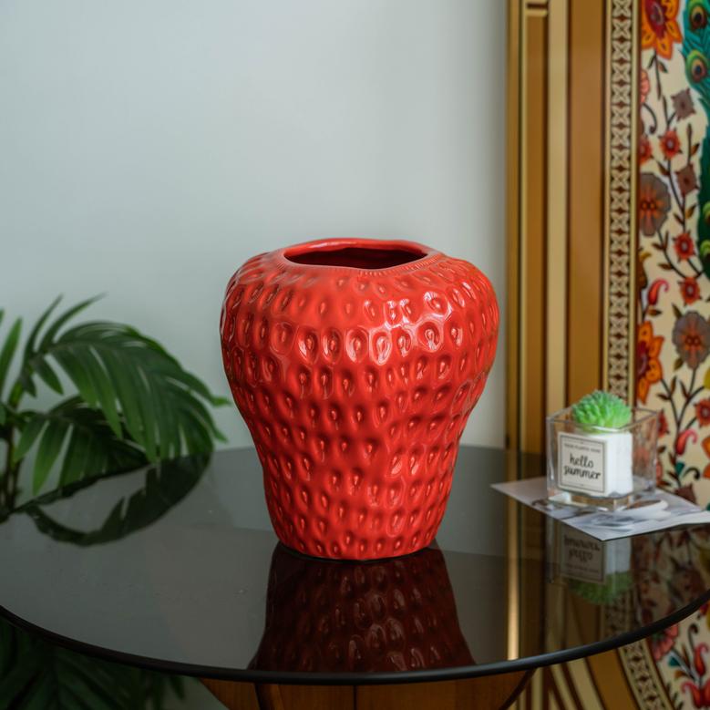 Ceramic Red Strawberry Fruit Shape Vase For Home Wedding Indoor Room Decor